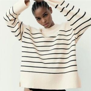Zara Cream and Black Striped Sweater